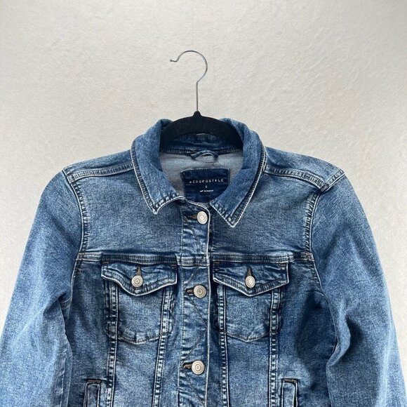 Aeropostale Jacket Womens Sz S Trucker Crop Button Front Long Sleeve Denim Blue - Picture 3 of 12